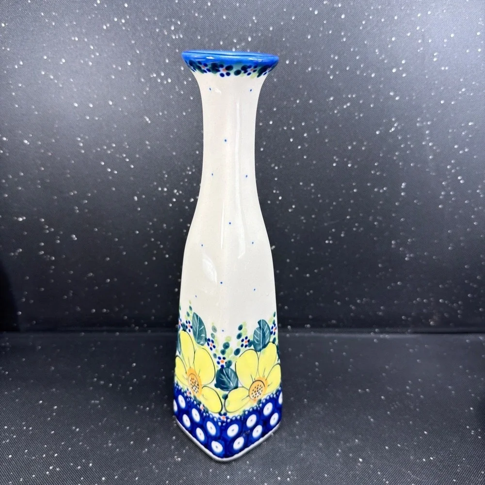 Boleslawiec Polish Pottery Bud Vase Monika J Signed Yellow Floral Blue 9.5in